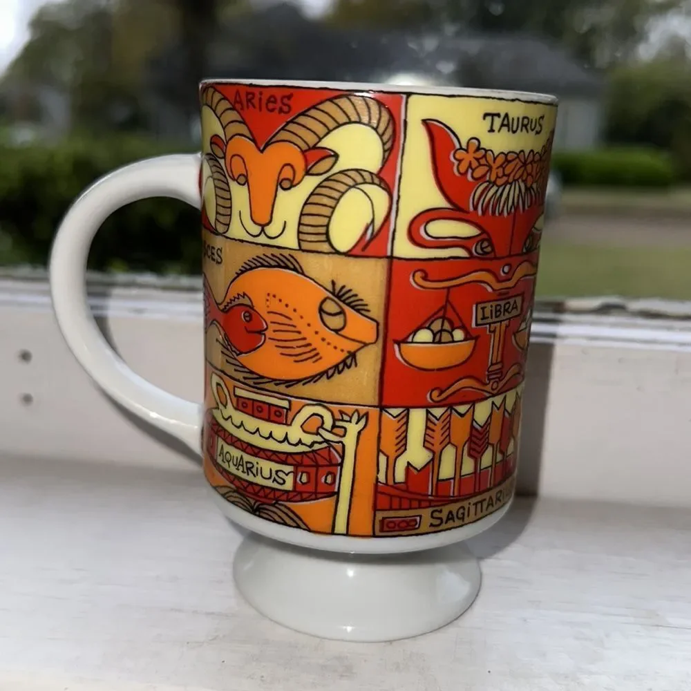 Vintage 60s kitschy orange & yellow‎ Zodiac ceramic coffee cup made in Japan